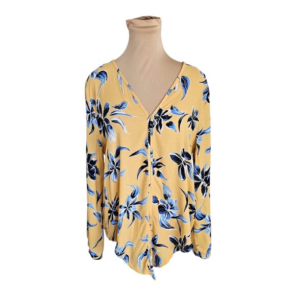 Melissa Nepton Yellow Floral Long Sleeve Tie Top Sz L - Picture 1 of 8